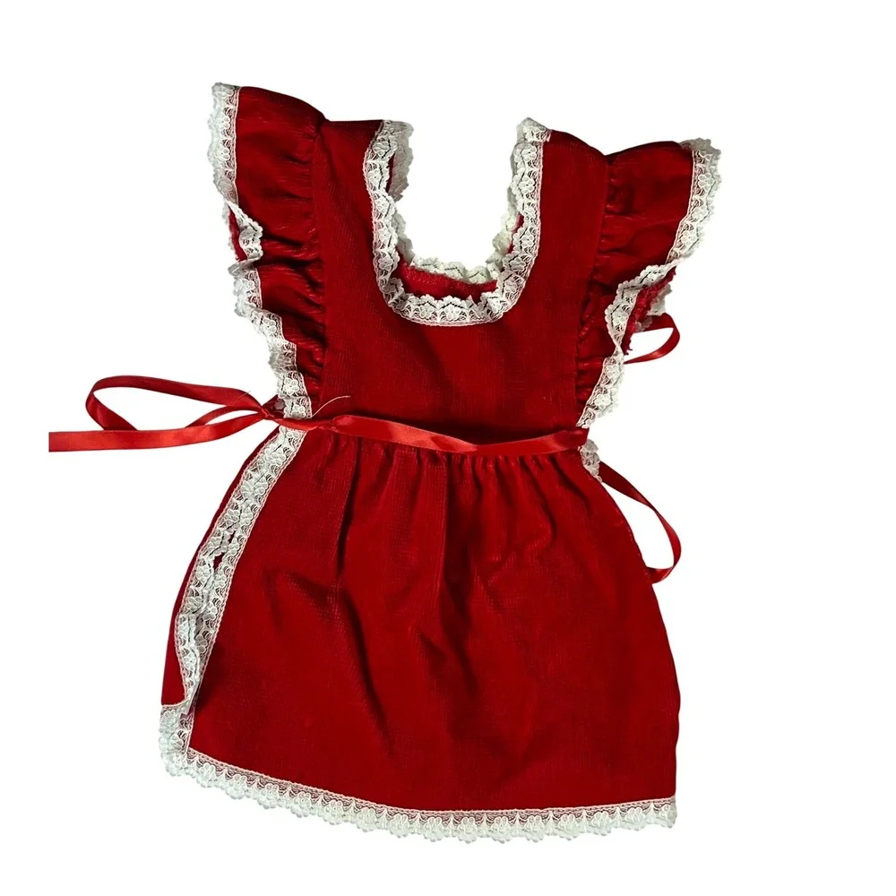 Vintage Red Corduroy Pinafore and Pants Set Lace Trim‎ Rose Detail Infant 18M